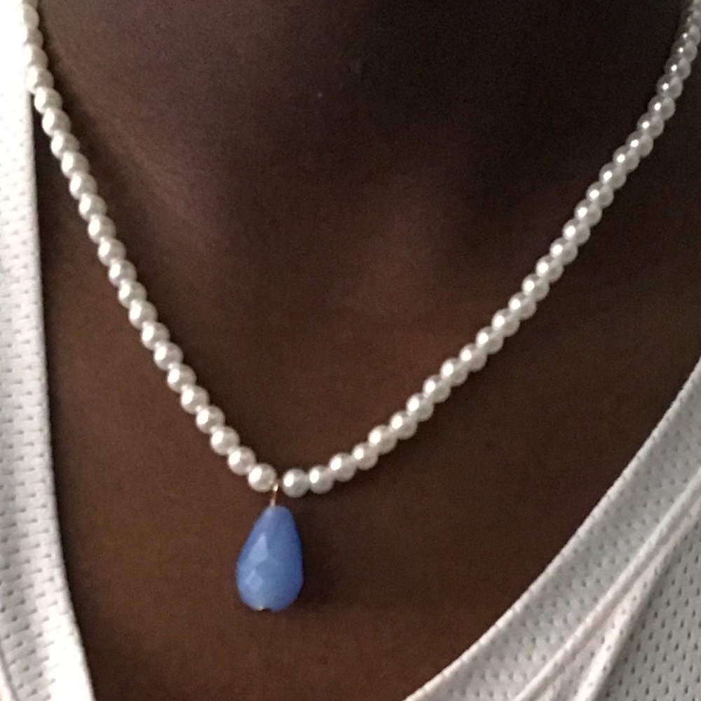 White Pearl necklace with blue charm